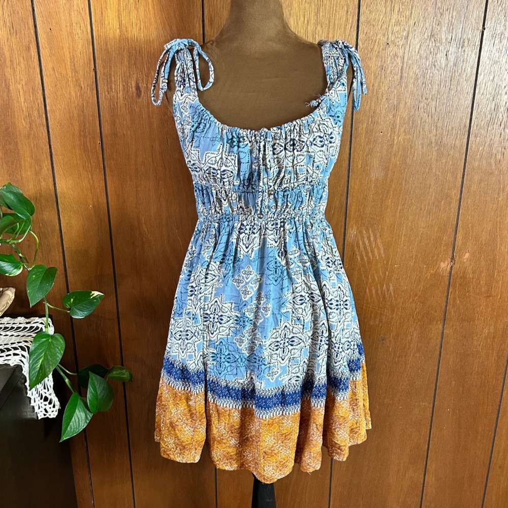 y2k Angie Blue Medallion Print Smocked Mini Dress Tie Shoulder Rayon Small Boho